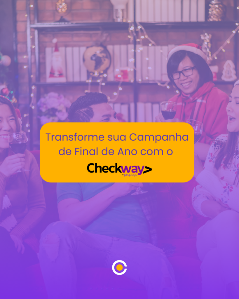 Fundo com pessoas em um ambiente natalino e a frase ''Transforme sua Campanha de Arrecadação de Final de Ano com o Checkway'' se destacando